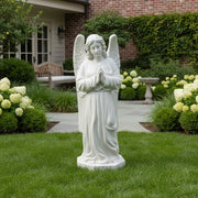 Angel statue with folded hands, flowing robes, and detailed wings in a classical old world European style with ornate features. Side View