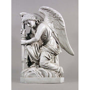 Kneeling angel statue with detailed wings and flowing robes, featuring ornate classical and old world European design elements. Side View