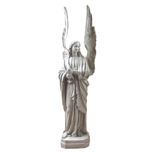Standing angel with large upward wings holding a staff.