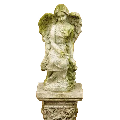 Kneeling angel statue with detailed feathered wings holding a floral wreath on an ornate pedestal base.