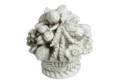 Ornate old world European fruit and floral basket sculpture with classical detailing and Baroque-inspired decorative elements