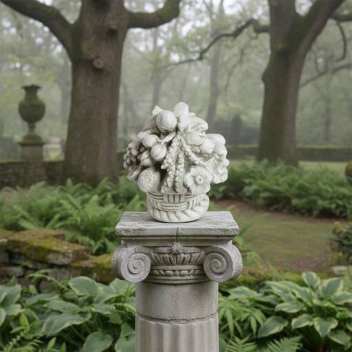 Ornate old world European fruit and floral basket sculpture with classical detailing and Baroque-inspired decorative elements Side Angle