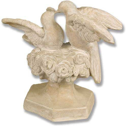 Two doves in an ornate, old world European style perched on a rose-adorned pedestal, classical and romantic in design.