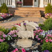 Two doves in an ornate, old world European style perched on a rose-adorned pedestal, classical and romantic in design. Side Angle