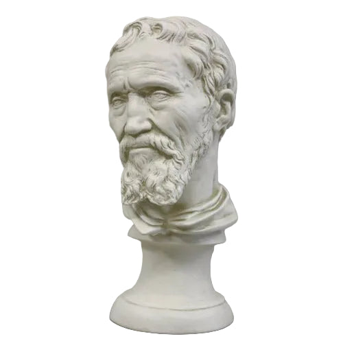 Classical Renaissance-style male bust with detailed facial features, curly hair, and a sculpted beard on a pedestal base.