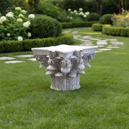 Corinthian column capital with ornate acanthus leaves and classical old world European detailing in a Renaissance style Side Angle