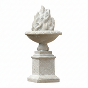 Ornate classical urn with sculpted flame motif on a square pedestal, featuring old world European and Renaissance design elements.