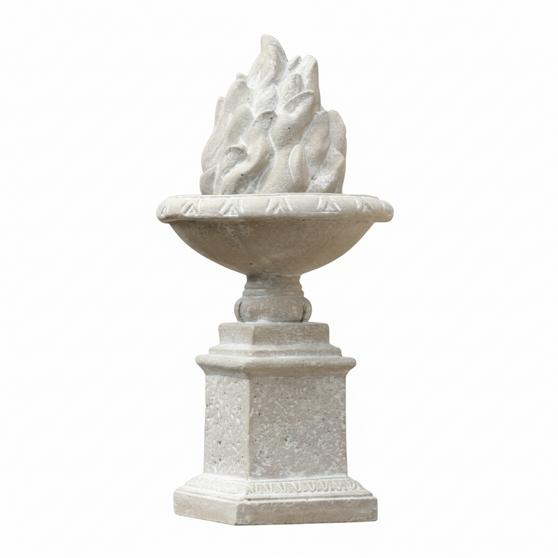 Ornate classical urn with sculpted flame motif on a square pedestal, featuring old world European and Renaissance design elements.