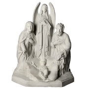 Nativity scene with Holy Family and angel, featuring classical and Renaissance-inspired ornate detailing and serene expressions.