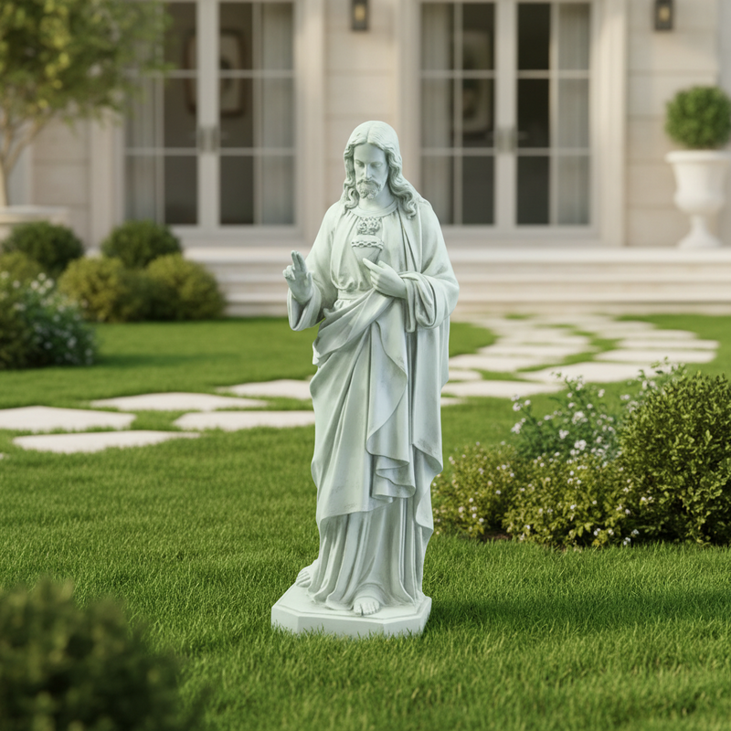 Jesus statue in classical Renaissance style with flowing robes, ornate detailing, and a serene, blessing gesture on a pedestal base. Side View