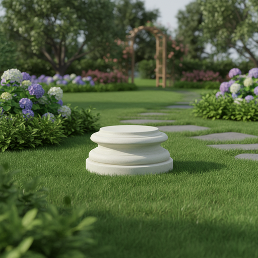 Classical round pedestal base with layered, ornate molding in an old world European architectural style. Side Angle