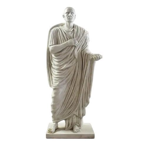 Classical Greek-style male statue in draped robes, standing on a square base with detailed, lifelike features and flowing folds.