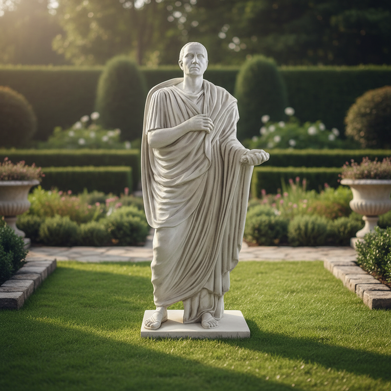 Classical Greek-style male statue in draped robes, standing on a square base with detailed, lifelike features and flowing folds. Side Angle