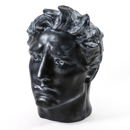 Classical Greco-Roman style male bust with strong features and wavy hair, evoking Renaissance and old world European artistry. Different Angle