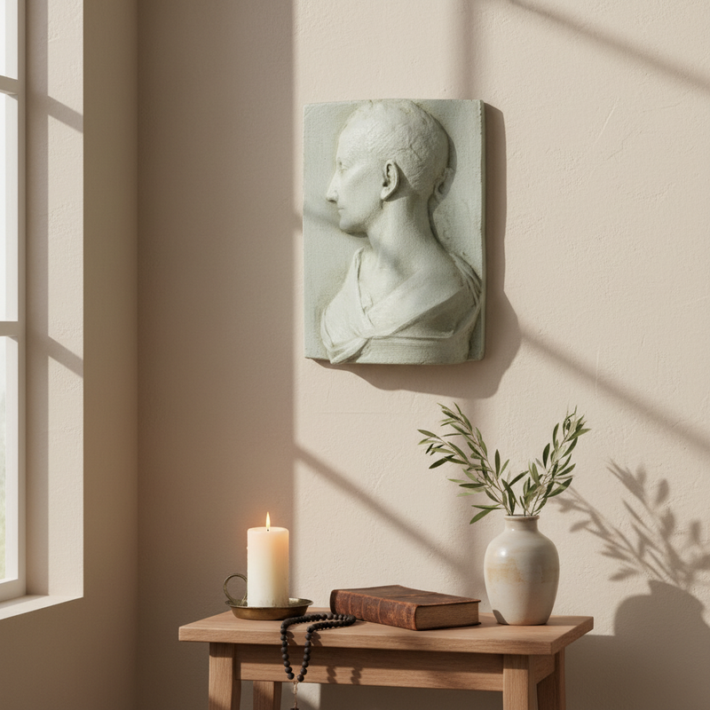 Classical bas-relief plaque featuring a woman in profile with an elegant updo, inspired by Renaissance and old world European style. Side Angle