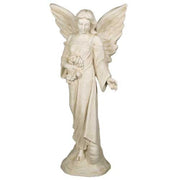 Baroque angel statue with flowing robes, ornate wings, and floral details, evoking old world European classical style.