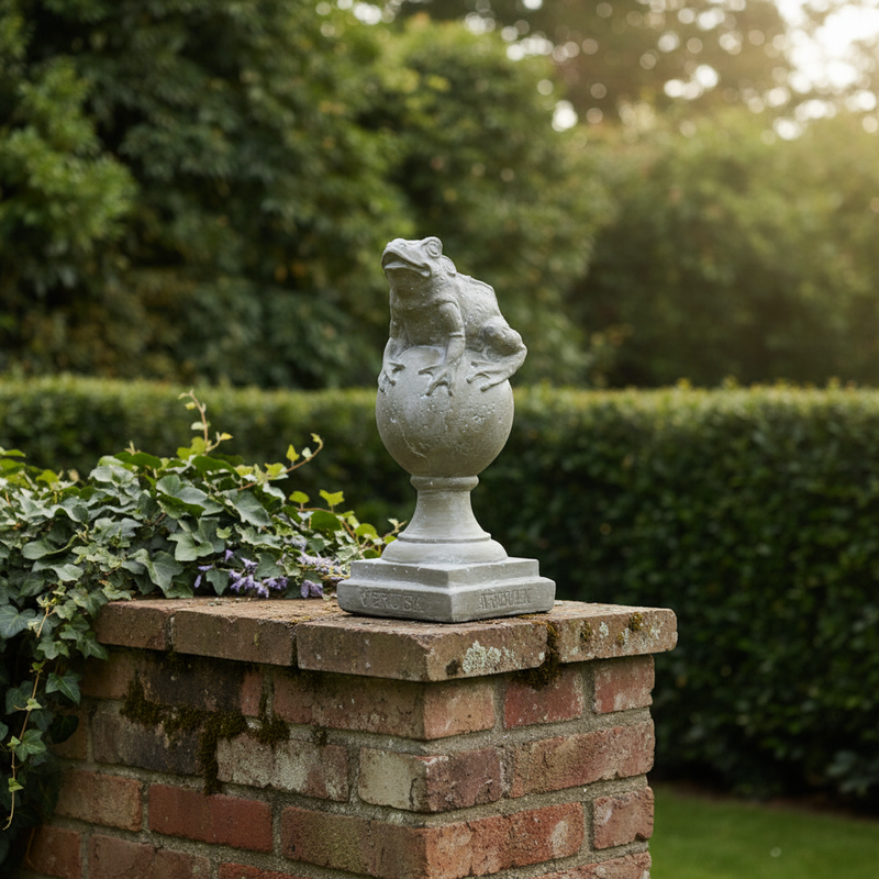 Frog on Finial Outdoor Statue (14 - Inch) Side Angle