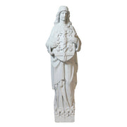 Medieval European statue of a robed figure holding an ornate shield, featuring classical and Gothic detailing.