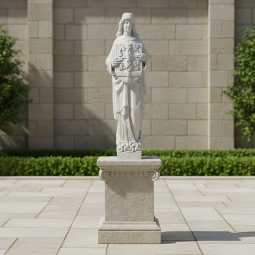 Medieval European statue of a robed figure holding an ornate shield, featuring classical and Gothic detailing. Side Angle