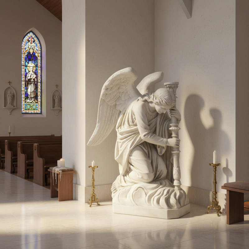 Kneeling angel statue in classical old world European style with ornate wings and flowing robes, holding a decorative pillar. Side Angle