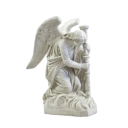 Kneeling angels with serene facial expressions holding tall ornate candlesticks on cloud-like bases.