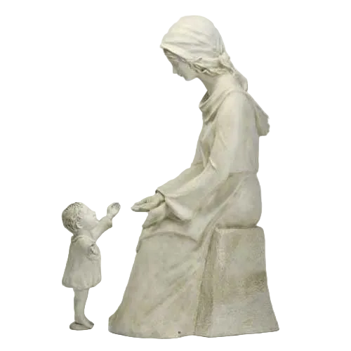 Seated woman in classical robe with head covering, reaching out to a standing child in an old world European style.