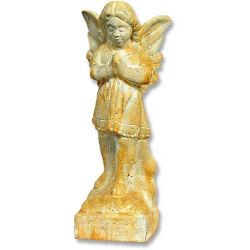 Standing winged cherub with a serene facial expression and hands clasped in prayer, on a rectangular base