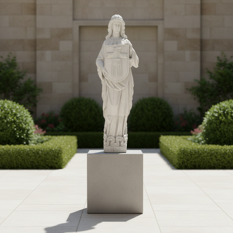 Classical European statue of a robed figure holding an ornate shield, featuring intricate medieval and Gothic detailing. Side Angle