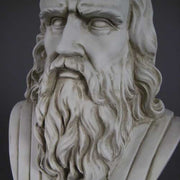 Classical Renaissance-style bust of a bearded man with detailed facial features and flowing hair on a pedestal base Different Angle