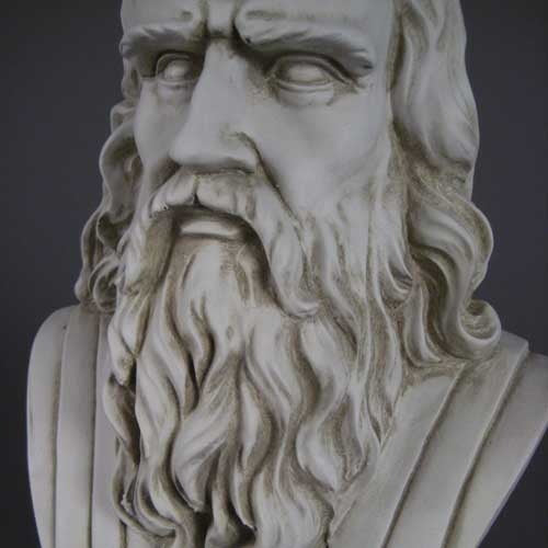 Classical Renaissance-style bust of a bearded man with detailed facial features and flowing hair on a pedestal base Different Angle