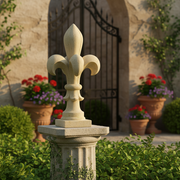 Fleur-de-lis finial with ornate, old world European design and classical, symmetrical Baroque detailing on a square base. Side Angle