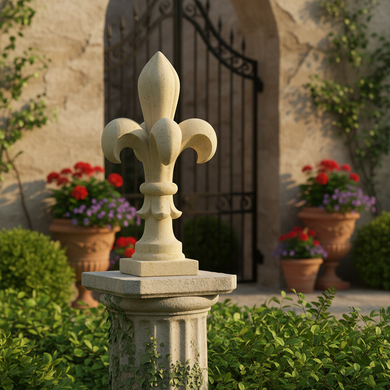 Fleur-de-lis finial with ornate, old world European design and classical, symmetrical Baroque detailing on a square base. Side Angle