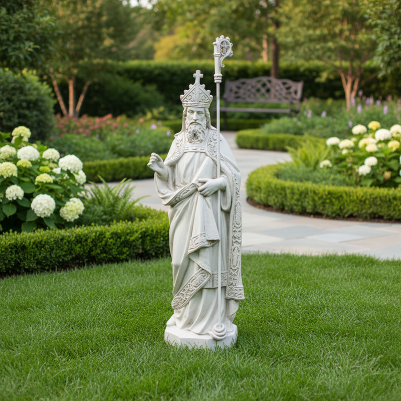 Baroque-style bishop statue with ornate robes, detailed staff, and intricate old world European religious motifs Side View