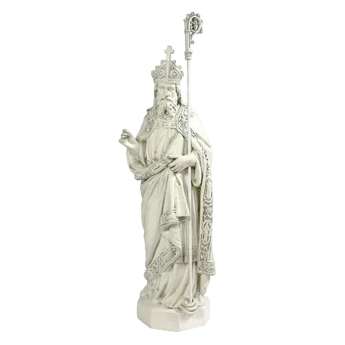 Baroque-style bishop statue with ornate robes, detailed staff, and intricate old world European religious motifs