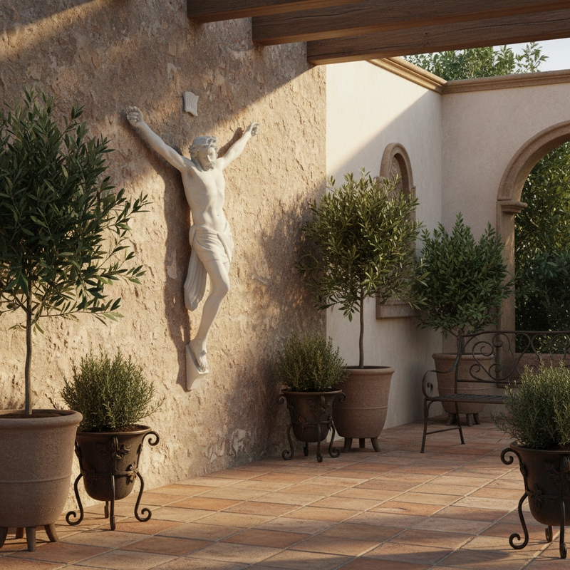 Crucifix statue featuring a classical, old world European design with ornate, Renaissance-inspired detailing and expressive posture. Side Angle