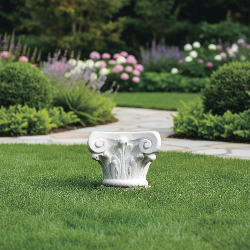 Corinthian capital with ornate acanthus leaves and volutes, classical old world European architectural detail. Side Angle