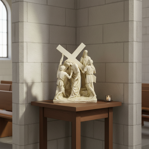 Christ carrying the cross in an ornate, classical sculpture with three figures in medieval attire, evoking old world European style. Side Angle