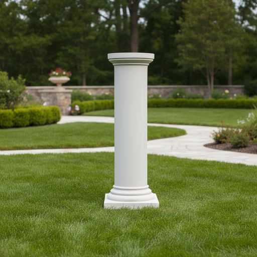Classical Greek column with a rounded capital, smooth shaft, and ornate base in an old world European architectural style. Side Angle