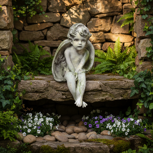 Bashful Cherub Outdoor Statue (12 - Inch) Side Angle