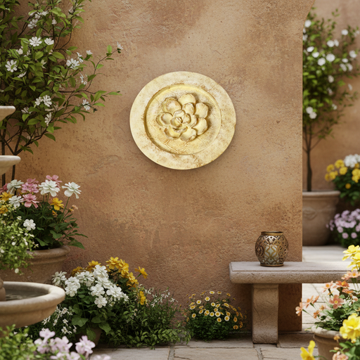 Ornate round medallion with raised floral motif, featuring classical old world European and Renaissance-inspired detailing. Side Angle