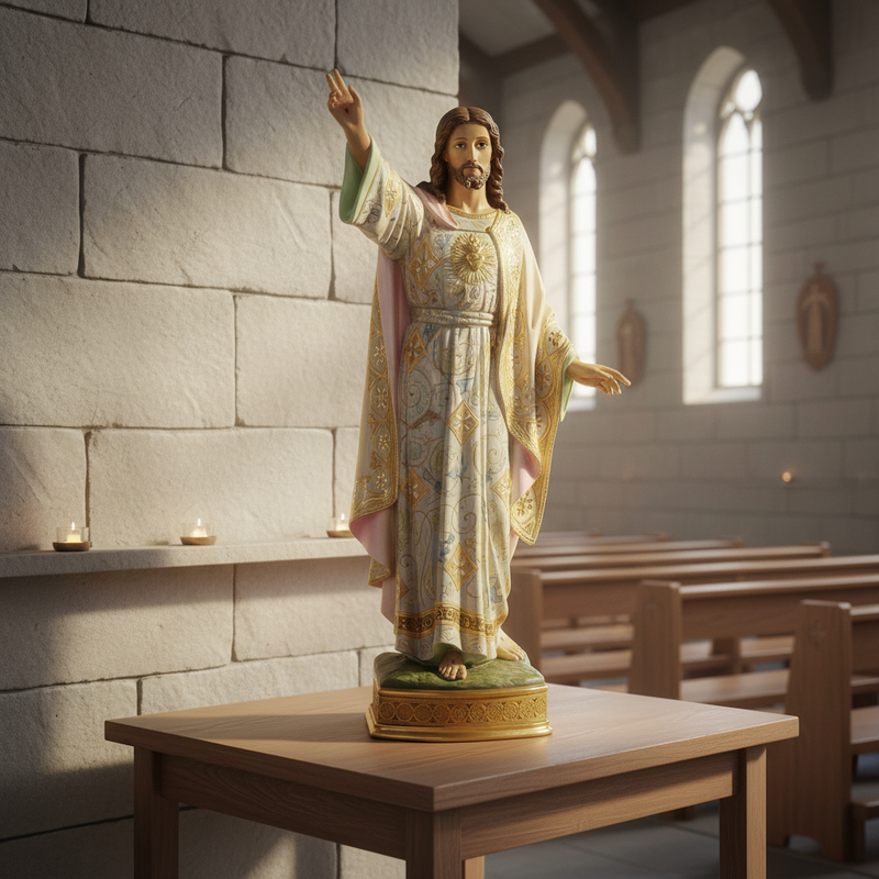 Jesus statue in ornate, old world European style with classical robes, intricate Baroque patterns, and raised hand gesture. Side Angle