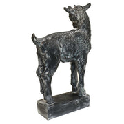 Goat statue with classical old world European style, featuring ornate detailing and a sturdy rectangular base. Side View