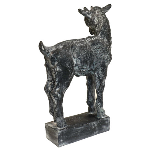 Goat statue with classical old world European style, featuring ornate detailing and a sturdy rectangular base. Side View