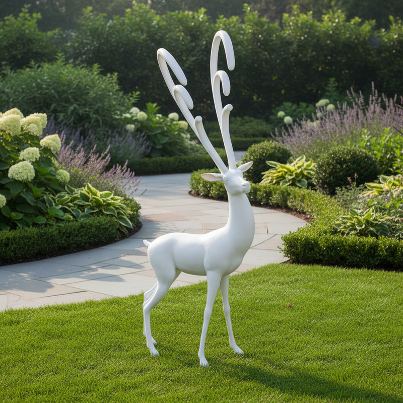 Stag figurine with elongated, ornate Baroque-style antlers and classical old world European sculptural details. Side Angle