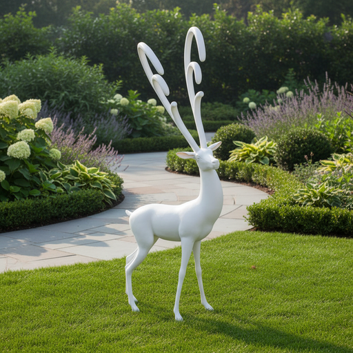 Stag figurine with elongated, ornate Baroque-style antlers and classical old world European sculptural details. Side Angle