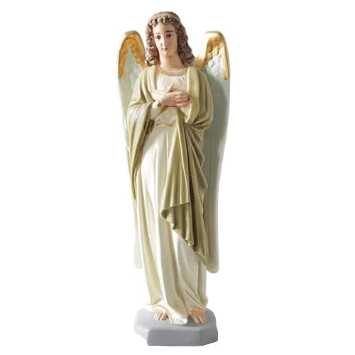 Standing angel statue with hands clasped over the chest, featuring large detailed wings  on a rectangular base.