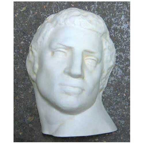 Classical Greek-style sculpted male head with serene expression and detailed facial features, evoking Renaissance artistry.