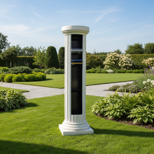 Classical Greek-inspired pedestal column with fluted detailing and a recessed display compartment on one side. Side Angle