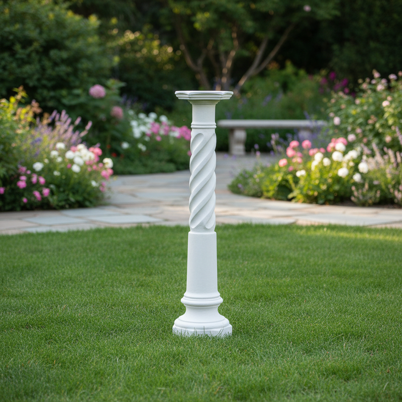 Classical column with ornate base and twisted shaft, featuring old world European and Renaissance architectural details. Side Angle