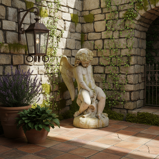 Sitting Winged Cherub With A Horn. Outdoor Statue (34 - Inch) Side Angle